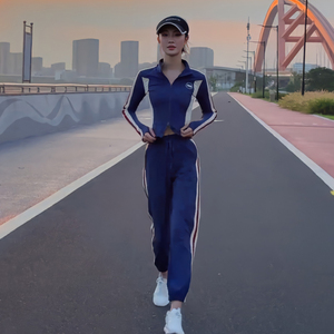 欧货休闲运动套装女春秋2024新款时尚修身显瘦撞色跑步服两件套潮