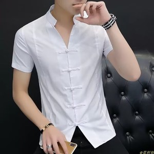 花衬衫中式唐装中国风男士夏季短袖盘扣V领寸衫古装纯色立领衬衣