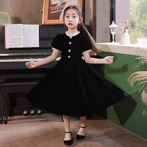黑色女童晚礼服公主裙轻奢小众高端儿童主持人钢琴演奏演出服。四