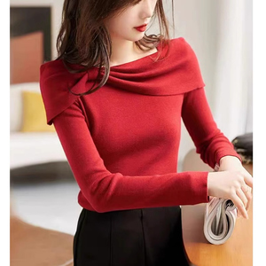 羊毛红色针织衫女新款高级感法式气质一字肩领结打底毛衣过年上衣