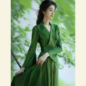 夏季彩色艺术生新中式汉服禅意清冷感复古国风绿色提花缎面连衣裙