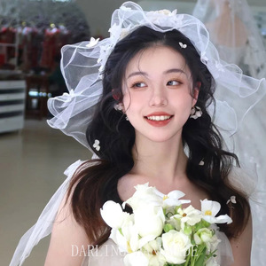 新款森系超仙新娘花朵头纱韩式气质赫本风帽纱甜美结婚造型头饰品