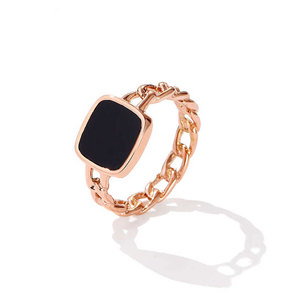 卡玛莎娜欧美镂空时尚585戒指女链条黑色方形镀18K玫瑰金潮食指环