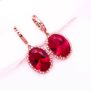 卡玛莎娜俄罗斯585紫金戴妃红色宝石蛋面耳环镶钻镀14K玫瑰金耳扣