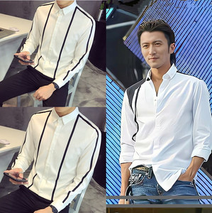 谢霆锋同款衬衫英伦条纹拼接衬衫男装长袖修身韩版潮流刺绣白衬衫