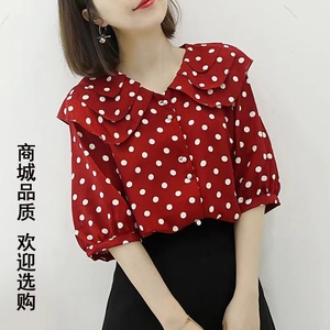 红色洋气波点衬衫女2024夏季新款时尚很仙的韩版短袖雪纺上衣女潮