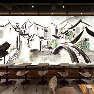 3D立体江南水乡墙纸餐厅饭店火锅店壁纸水墨山水酒店包厢装饰壁画