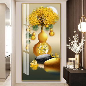 五福临门玄关挂画竖版招财葫芦走廊过道正对门入户福字晶瓷装饰画