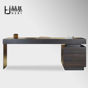 意式极简烟熏木书桌家用客厅沙发后长条桌高级感实木电脑桌工作台