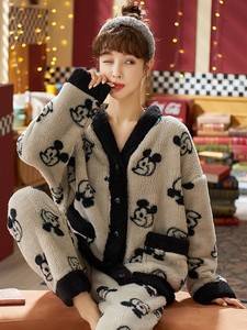 日本GP米奇珊瑚绒睡衣女秋冬季新款加绒加厚法兰绒保暖家居服套装