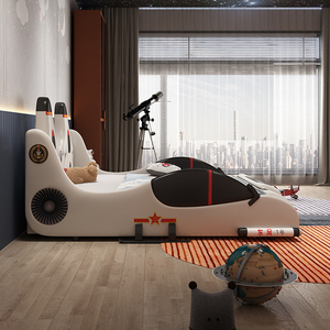 儿童房创意卡通男孩汽车床实木带护栏战机飞机床男童单人火箭飞船