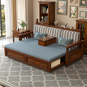 美式复古乡村实木沙发床可推拉折叠双人罗汉床小户型伸缩坐卧两用