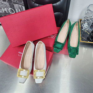 美娜rv高跟鞋琥珀扣麂皮女鞋气质浅口方头休闲粗跟羊反绒单鞋女