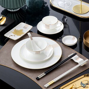 酒店金边轻奢骨瓷餐具套装会所餐厅包厢样板房摆台碗碟盘子搭配