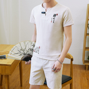 夏季男士棉麻睡衣中国风男款短袖汉服青年可外穿短裤家居服套装男