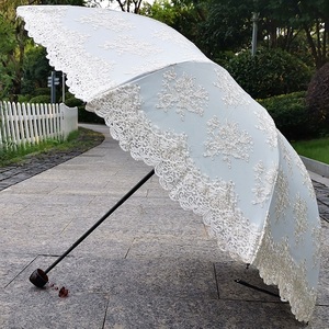 德国米白色黑色复古蕾丝刺绣花黑胶防紫外线太阳伞晴雨伞高档奢华