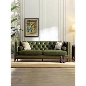 美式轻奢真皮沙发复古皮艺直排沙发客厅三人位沙发墨绿色拉扣沙发