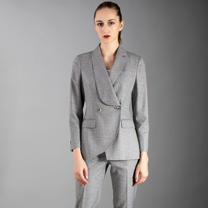 高定轻奢女装套装灰色条纹西装两件套职场气质不对称印花西服正装