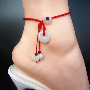 天然翡翠玉红绳脚链女编织绳平安扣本命年脚链子红绳子性感古风宫