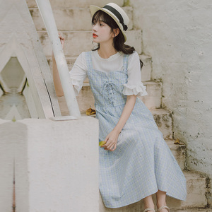 夏复古文艺格子背带裙