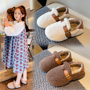 儿童羊毛卷女童棉鞋2023年秋冬新款纯色外穿中大童毛毛鞋保暖棉鞋