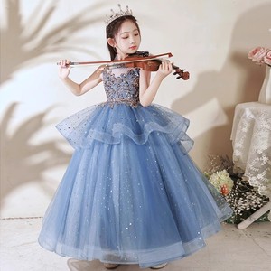 儿童礼服蓝色轻奢生日公主裙洋气走秀主持人蓬蓬裙女孩钢琴演出服