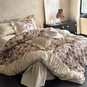 桉蒂娜【情书】新品法式复古纯棉褶皱花边床上用品被套床裙四件套