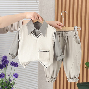 婴儿衣服春秋季男童洋气套装韩版马甲衬衣三件套1一3岁男宝宝春装