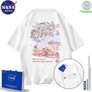 NASA官方新款樱花雪山涂鸦印花纯棉短袖夏季运动潮流男女情侣T恤
