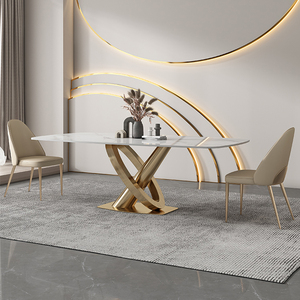 意式轻奢岩板餐桌椅组合设计师现代简约别墅餐厅不锈钢异形饭桌