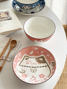 安木良品 大厂出品 日式可爱喜庆招财猫釉下彩陶瓷汤面碗菜盘子