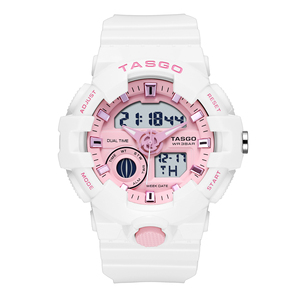 tasgo 电子机芯手表时尚少女粉白色圆形学院风男女生夜光运动腕表