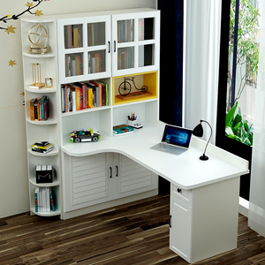 简约墙角落儿童学习桌书柜一体转角书桌书架台式电脑桌子组合定制