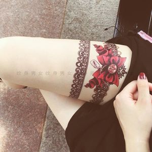 性感大腿黑色蕾丝边纹身贴防水女持久仿真韩国可爱蝴蝶结腿环手臂