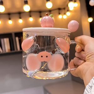 高颜值猪猪玻璃杯带盖家用仙女可爱杯子带把手马克杯创意情侣水杯