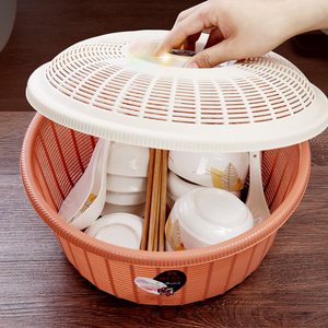 家用圆形带盖沥水篮子厨房塑料洗菜蔬果筛碗筷滤水篮鸡蛋篮保洁蓝