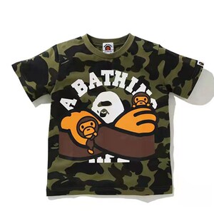 日系潮牌bape童装短袖t恤抱肘大猩猩迷彩卡通印花圆领男女宝儿童