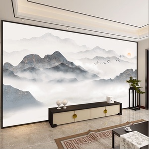 新中式电视背景墙壁纸3d意境水墨山水画墙纸简约客厅影视墙布壁画