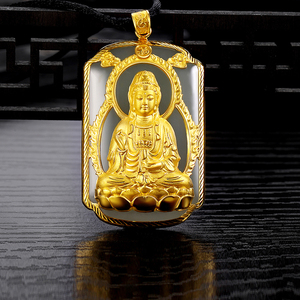 宏方捷足金999黄金方牌金镶玉观音吊坠男款挂坠纯金坠子金项链男
