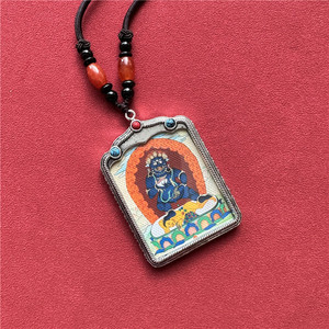 新款黑财神像吊坠唐卡网红同款西藏民族风藏族热贡大黑天佛牌银色