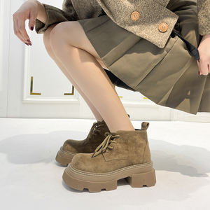 驼色马丁靴女英伦风2022年新款春秋松糕厚底增高方头高跟短靴子单