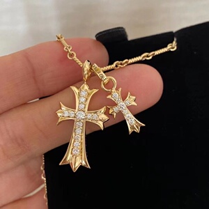 克罗心项链纯18k玫瑰金22k黄金双十字架童军花大小满钻经典男女