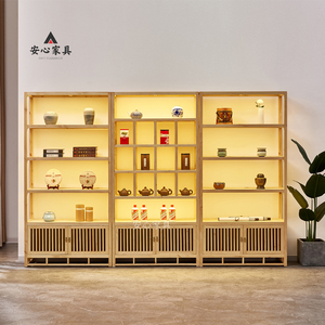 新中式松木博古架茶叶展示柜实木货架多宝阁隔断茶架子置物架带灯