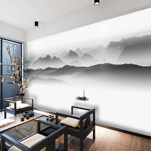 8d新中式轻奢黑白水墨山水壁纸茶室书房壁画墙布客厅电视背景墙纸