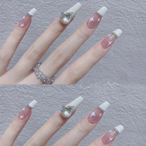 白色星芒带钻美甲网红手工定制成品白色系裸透穿戴假指甲贴片新款