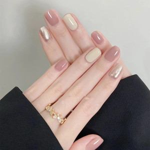 手工定制美甲贴片 光疗假指甲 成品穿戴式裸色短款跳色日常佩戴
