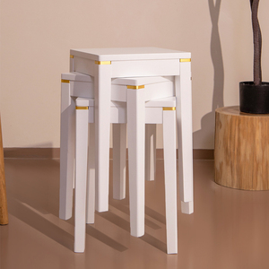 白色奶油风实木凳子家用方凳可叠放网红客厅餐桌凳高圆凳子矮凳