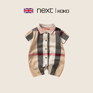 英国Next koko婴儿夏纯棉连体衣男宝宝英伦格子短袖外出薄款爬服