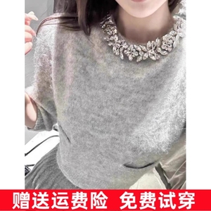 ZARA 冬季新款 女装中袖水钻领短款针织衫 9598005 802