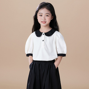 韩版女童短袖夏季洋气儿童泡泡袖t恤中大童白色娃娃领上衣打底衫